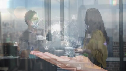 Poster - Animation of digital screen with globe over diverse buisnesspeople in face masks