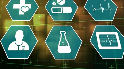 Poster - Animation of scientific icons in hexagons over yellow digital space