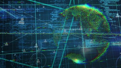 Poster - Animation of financial graphs, globe, cube and connections in navy digital space