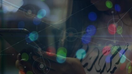 Poster - Animation of network of connections over hands of asian boy with smartphone