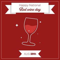 Happy national red wine day social media post, banner, alcoholic drinks celebration advertisement concept, beverage glass marketing square ad, August 28th holiday abstract print, isolated