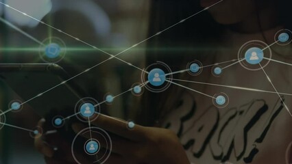 Poster - Animation of network of connections over hands of asian boy with smartphone