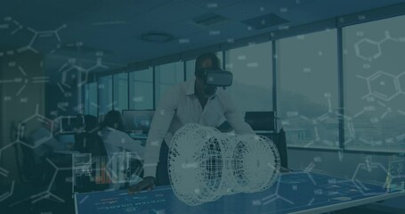 Poster - Animation of medical icons over african american businessman using vr headset