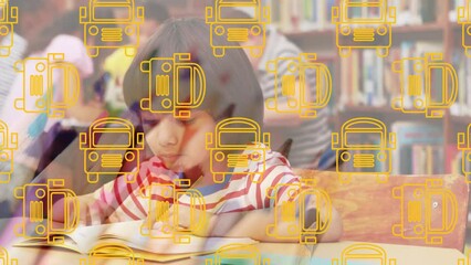 Poster - Animation of hello text and school items icons over falling school decoration