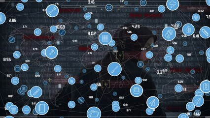 Poster - Animation of data processing and network of connections with icons over caucasian male hacker