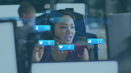 Poster - Animation of data processing and social media icons over asian businesswoman using phone headset