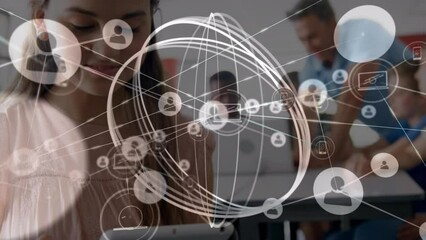 Poster - Animation of network of connections with icons and white circles over diverse students and teacher