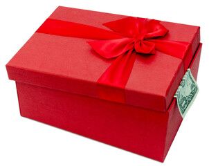 Wall Mural - Red gift box with a bow and dollar banknote. Isolated on а white background