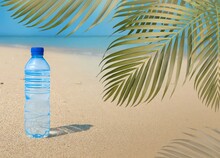 Bottle Of Water And Palm Tree On The Beach