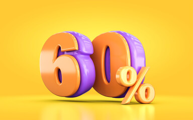 Wall Mural - 3d render orange and purple 60 percent number of promotional sale discount on yellow background