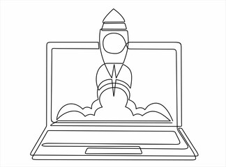 Poster - Continuous one line drawing of Rocket launch, ship on screen laptop. Continuous line drawing. Startup business. Vector illustration. Isolated on white background.