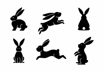 Black silhouettes of rabbits and hares on a white background. Different shapes of bunnies. Rabbit silhouette.