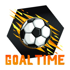 Football t shirt design Goal Time on black background. Soccer ball illustration, yellow elements on black background. Sport poster for boy. 