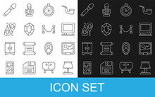 Set Line Table Lamp, Picture, Retro Tv, Pocket Watch, Gem Stone, Earrings, Silver Spoon And Rope Barrier Icon. Vector