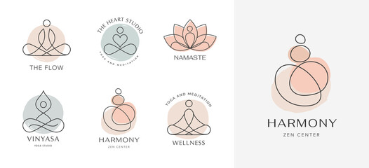 Yoga, Zen and Meditation Linear Icons and Logos