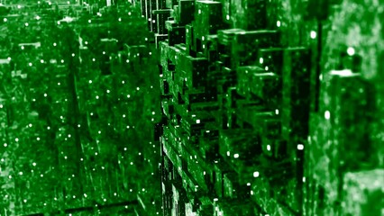 Poster - Golden and green tunnel. Motion.Shiny corridors made in 3d format are turned over and twisted in different directions.