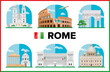 Rome, Italy. Coliseum, St. Peters Dome, Spanish Steps, Piazza Venezia, buildings and city sights. Color vector illustration