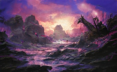 fantasy background, beautiful acrylic painting, stylized painting, unusual fantasy landscape, landscape painting, abstract landscape 3d render