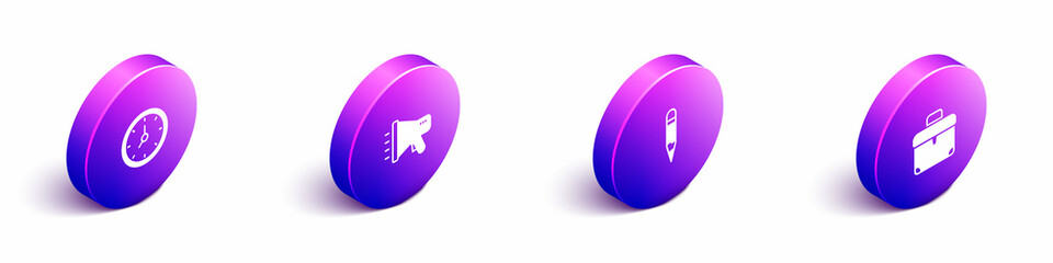 Poster - Set Isometric Clock, Megaphone, Pencil and Briefcase icon. Vector