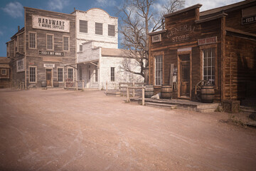 3D illustration of an empty street in an old wild west town with wooden buildings.