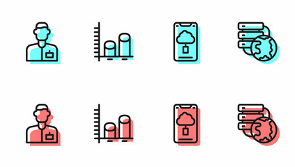 Poster - Set line Cloud technology data transfer, Analyst engineer, Data analysis and Network cloud connection icon. Vector