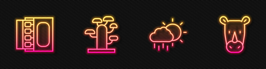 Poster - Set line Cloud with rain, Matchbox and matches, African tree and Rhinoceros. Glowing neon icon. Vector