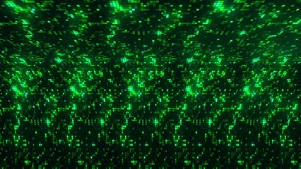 Poster - Bright background with curve and twinkling squares. Motion. Spatial bending of background with neon pixels. Cyber background with glowing squares