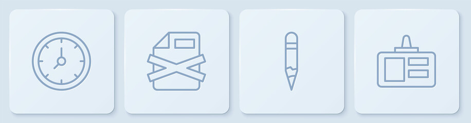Poster - Set line Clock, Pencil, Delete file document and Identification badge. White square button. Vector