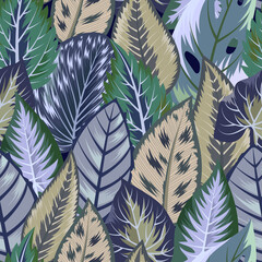 Wall Mural - Seamless pattern with tropical beautiful leaves exotic background.