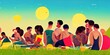 Summertime fun season scene of diverse multi-ethnic friends enjoying relaxing outdoors together in a park in the summer sun while on vacation holidays