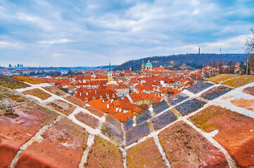 Sticker - Old brick battlement and roofs of Prague, Czech Republic