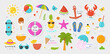 © 100% HAND-CRAFTED - Set of summer holiday stickers. Badges with sun, watermelon, tropical palm, beachwear, ice cream and cocktail. Vacation or relaxing on beach. Cartoon flat vector collection isolated on gray background