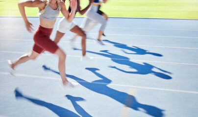 Canvas Print - Shadow of athletes running and racing together on a sports track. Closeup of active and fit runners sprinting or jogging on a field. People exercising and training their fitness and cardio levels