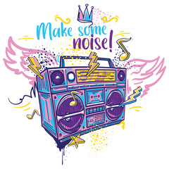 Sticker - Make some noise - colorful graffiti-styled drawn boom box and notes music design