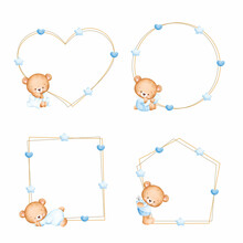 Set Of Baby Bear Frame Template Watercolor Illustration 