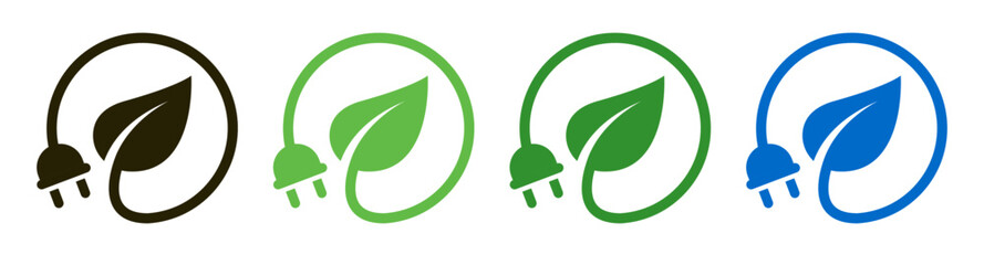 Green renewable plug leaf icons design vector. Electric power energy charge button symbol illustration.