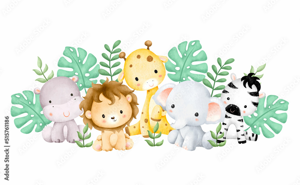 Watercolor illustration baby safari animals and tropical leaves 
