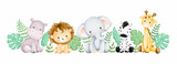 Fototapeta Pokój dzieciecy - Watercolor illustration safari animals and tropical leaves