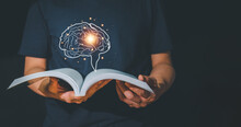 Reader Man Opens A Book, Finds New Ideas With Realistic Brain Icons, Simulating New Ideas. Ideas For Reading, Educating And Creative.