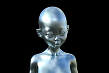 Silver Bald Alien Humanoid On A Black Background.