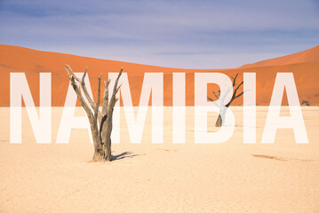 Big letters saying 'Namibia' in front of the desert landscape of Deadvlei, Namibia. Travel advertisement or website background. 