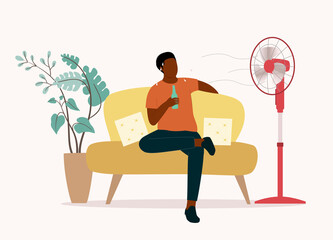 One Sweaty Black Man Sitting On Couch Drinking While Enjoying The Cool Wind Blowing From The Electric Stand Fan. Full Length. Flat Design Style, Character, Cartoon.