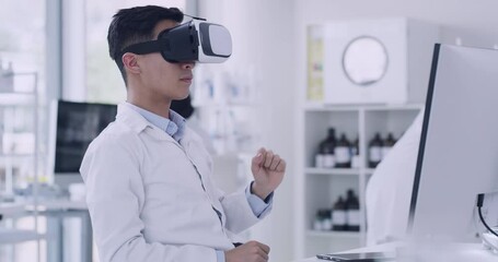 Poster - Scientist using VR virtual reality goggles to examine diagnosis experiment in 3D while working in a laboratory. Pathologist and biochemical engineer using metaverse technology to explore DNA genetics