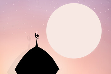 Ramadan, Eid ai-fitr,New year Muharram islamic religion Symbols with Mosques Dome,Moon silhouette on dark blue twilight sky in night sunset. arabic,Eid al-adha,mubarak  Muslim concept.