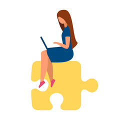 Poster - Busy woman with laptop sitting on puzzle piece semi flat color vector character. Sitting figure. Full body person on white. Simple cartoon style illustration for web graphic design and animation