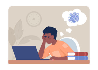 Poster - Hard to focus on school work 2D vector isolated illustration. Male high school student with ADHD flat character on cartoon background. Colourful editable scene for mobile, website, presentation
