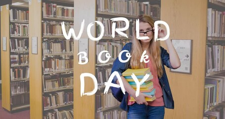 Poster - Animation of world book day over caucasian woman with books in library