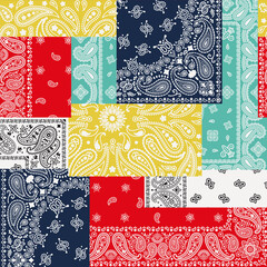Colorful paisley bandana fabric patchwork abstract vector seamless pattern