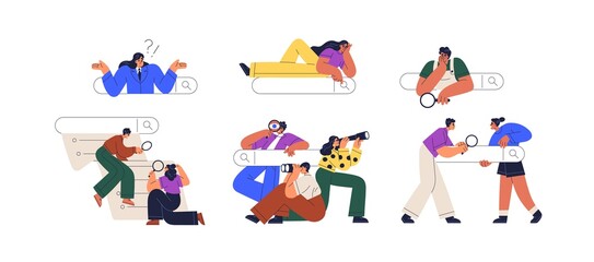 Aufkleber - Search bars and people browsing online information, surfing internet. Characters look for and find query in web browser set. SEO concept. Flat graphic vector illustration isolated on white background