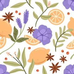 Fototapete - Herbs, fruits, flowers pattern. Seamless background design with herbal, floral plants, lemon, berries, leaves. Repeating print for homeopathy, phytotherapy wrapping. Colored flat vector illustration